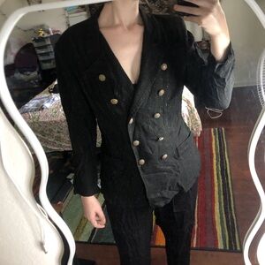 Black vintage pinstripe double-breasted blazer with gold buttons & shoulder pads